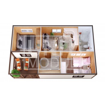 (МД-12) Модульный дом дачный из 2-х бытовок (блок-контейнеров) с крыльцом и гостиной